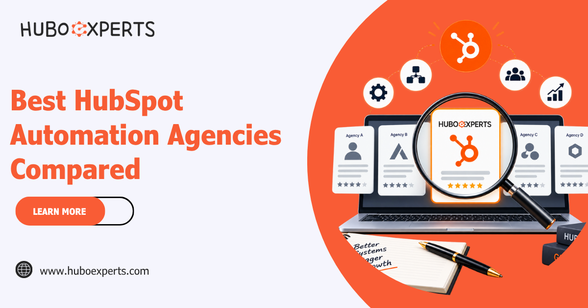 HubSpot automation agencies comparison featuring HuboExperts with CRM automation, workflow, analytics, integration, and growth icons.